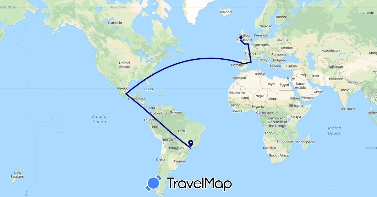 TravelMap itinerary: driving in Brazil, Spain, United Kingdom, Ireland, Mexico (Europe, North America, South America)